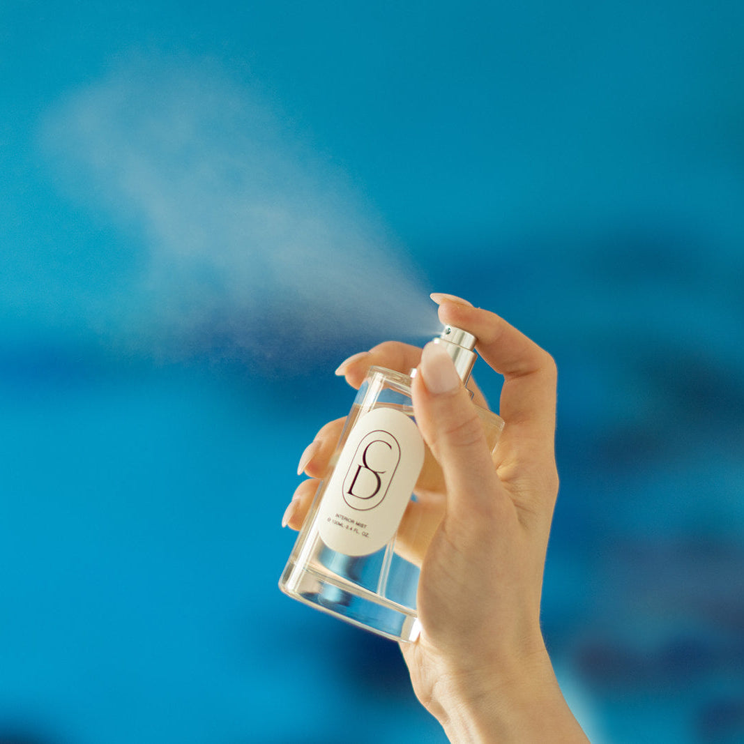 Hand holding a clear spray bottle with a blue background